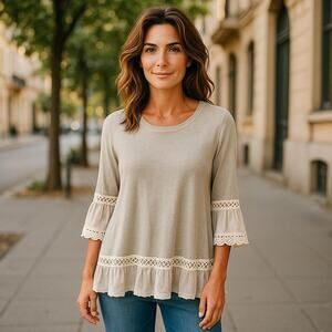 Indigo Soul Womens Tunic Sz M Beige Cream Lace Knit 3/4 Sleeve Beautiful NEW